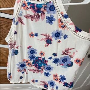 Mudd Floral Tank Top - White with Blue and Pink